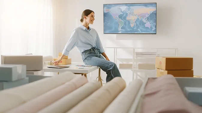 A woman sits on a desk in a bright room with stacked cardboard boxes, fabric rolls in the foreground, and a world map displayed on a wall-mounted screen behind her.