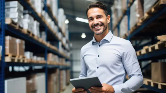 A man holding a tablet stands in a warehouse aisle with shelves of boxes and packages.