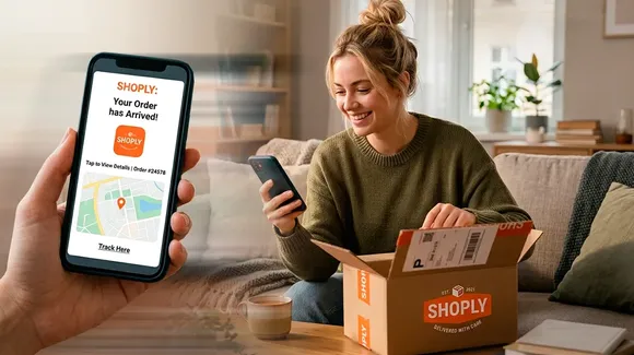 A person sitting on a couch opening a Shoply package, with a close-up smartphone screen showing a delivery notification.
