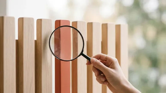 A hand holds a magnifying glass over a set of vertical wooden slats, focusing on a single red slat among natural-colored ones.