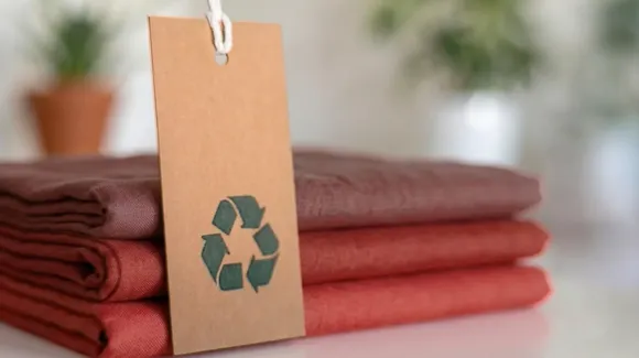 Three folded fabrics in red tones with a brown tag displaying a green recycling symbol, indicating sustainability.