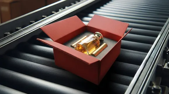 A small bottle of liquid is securely packed in a red cardboard box on a conveyor belt, ready for shipping or processing.
