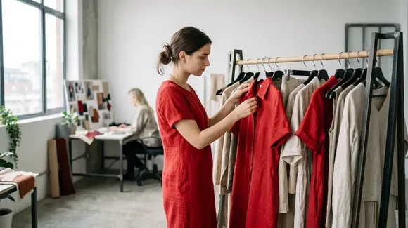 A woman examines a red dress on a clothing rack in a modern studio, while another person works at a desk in the background.
