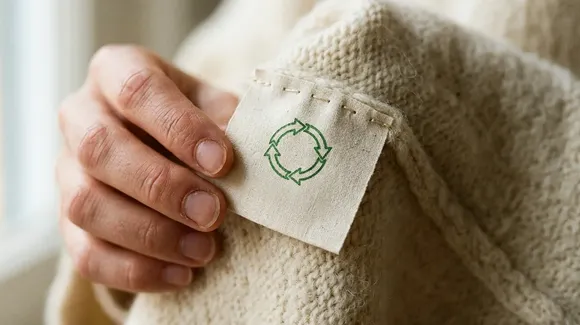 A hand holds a beige knitted fabric with a tag showing a green recycling symbol.