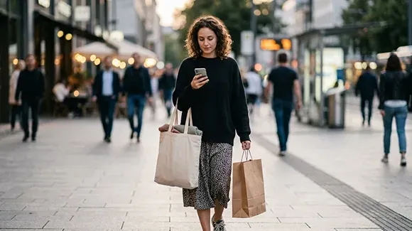 A woman with curly hair walks down a city street, looking at her smartphone while carrying two shopping bags.