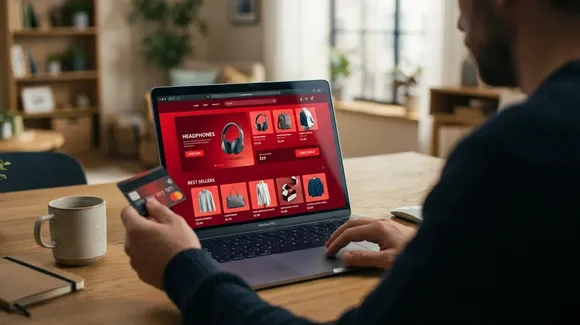 Person holding a credit card while shopping for electronics and clothes online on a laptop at a wooden table in a home setting.