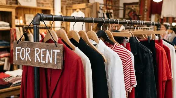 Clothes on wooden hangers are displayed on a rack with a “For Rent” sign in a shop.