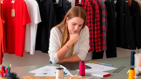 A woman sits at a table with sewing supplies and sketches, looking thoughtful. Clothes hang on a rack behind her, including shirts and jackets in various colors.