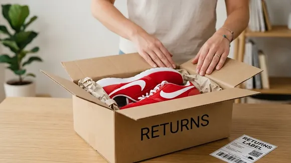 A person places red athletic shoes in a cardboard box labeled “RETURNS” on a table, with a printed return label nearby.
