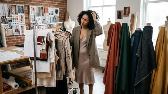 A woman stands in a fashion studio, looking at clothes on a rack with fabric rolls, mannequins, and design sketches in the background.