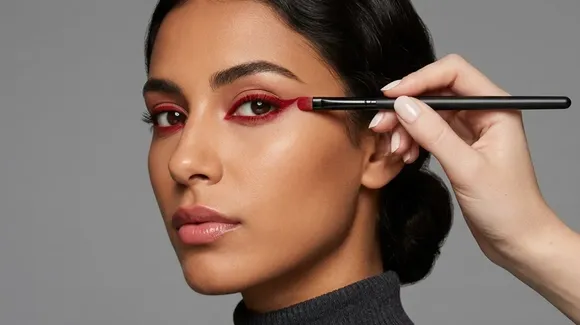 A person applies red eyeshadow to a woman's eyelids and lower lash line with a makeup brush; she has smooth skin and dark hair styled back.