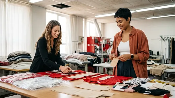 Two women standing at a table sorting and arranging fabric swatches and papers in a well-lit textile workshop.
