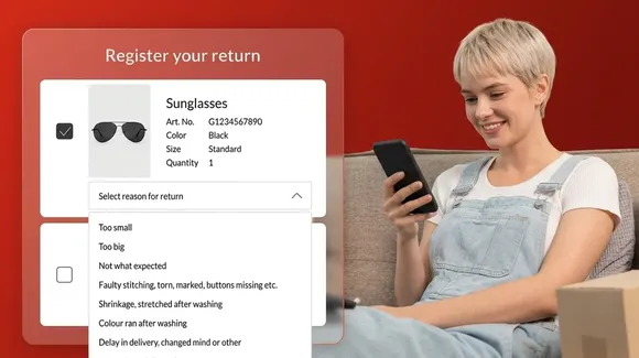 A woman sitting on a couch uses her phone while a “Register your return” screen for sunglasses with return reasons is displayed beside her.