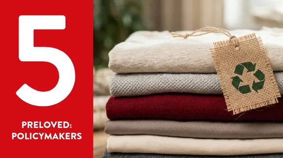 A stack of folded clothes with a recycling tag. A large red graphic with the number 5 and the text "PRELOVED: POLICYMAKERS" is on the left.