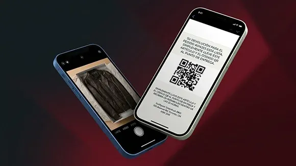 Two smartphones: one displays a camera viewfinder pointed at a jacket, and the other shows a return confirmation screen with a QR code and instructions in Spanish.