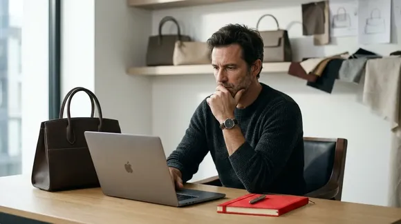 Man sitting at a desk working on a laptop, with a handbag, red notebook, and pen on the table; bags and fabric samples on shelves in the background.