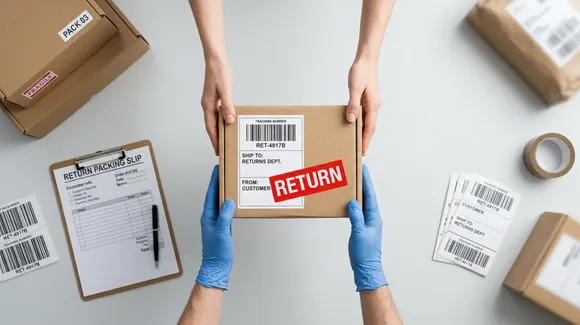 Gloved hands receive a package labeled “RETURN” from another person. A clipboard with packing slip, shipping labels, and packing materials are on the table.