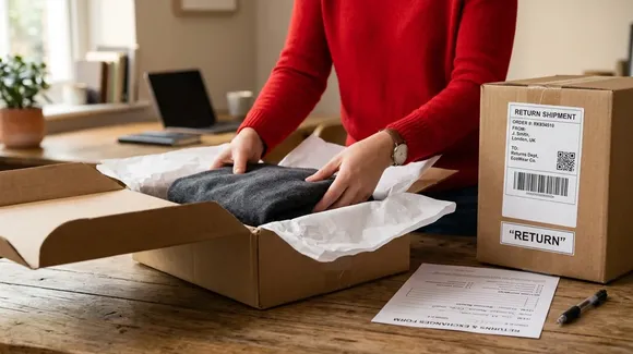 A person in a red sweater packs a folded garment into a cardboard box with a return form and another box labeled "RETURN" on a wooden table.