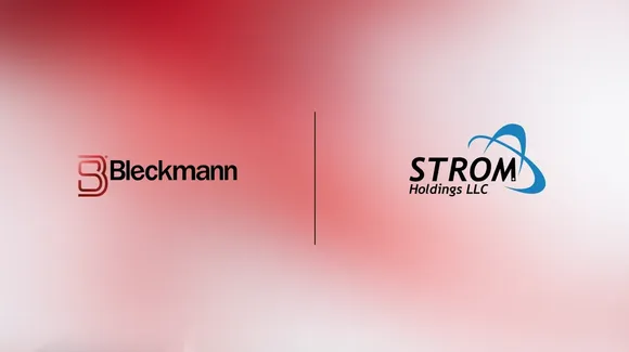 Logos of two companies, Bleckmann on the left with red text and Strom Holdings LLC on the right with blue and black text, displayed on a red and white gradient background.