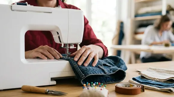 Person sewing blue denim fabric with a white sewing machine at a table, sewing tools and fabric pieces nearby, another person blurred in the background.