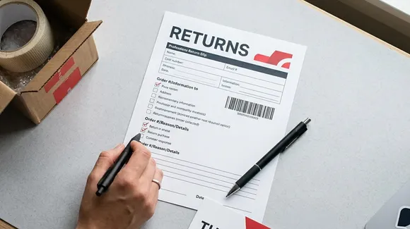 A person fills out a product returns form on a desk next to a black pen, small cardboard box, and packing tape.