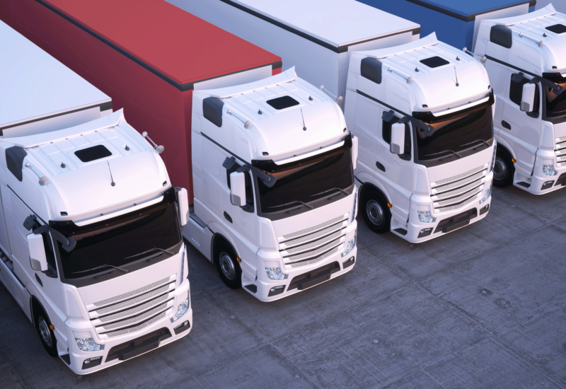A lineup of white and red semi trucks.