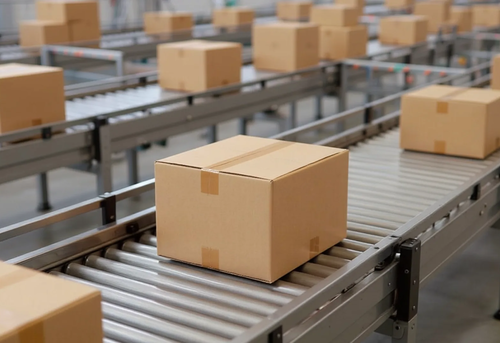 Cardboard boxes move along a conveyor belt in a warehouse or distribution center, with multiple packages visible in the background.