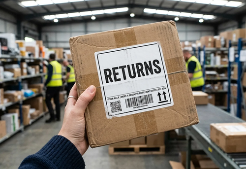 A person holds a cardboard box labeled "RETURNS" in a warehouse with shelves and workers in the background.
