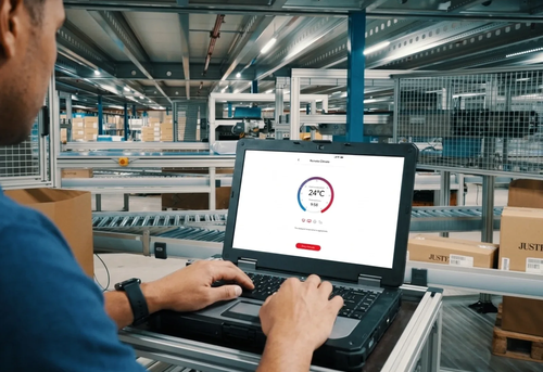 Man using a laptop in a warehouse. The screen shows a climate control interface with a temperature of 24°C.