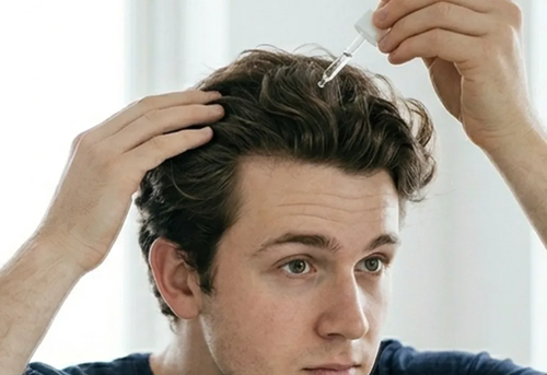 A person applies a liquid solution to their scalp using a dropper while looking in a mirror.