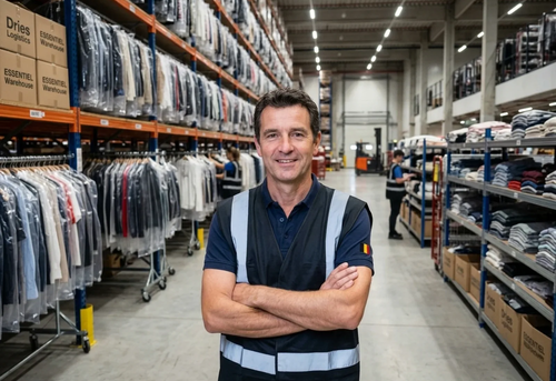 Man in a vest standing in a warehouse with racks of clothes.