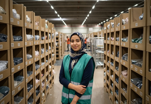 A woman wearing a headscarf and a green safety vest stands in a warehouse aisle between shelves of packaged goods.
