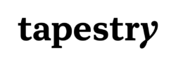 The word "tapestry" appears in bold, black, serif font on a light gray background. The letter "y" has a decorative curved tail.
