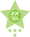 Green star with four smaller stars below and "Lean & Green Europe" text in the center, featuring two stick figures moving a box with a recycling symbol.
