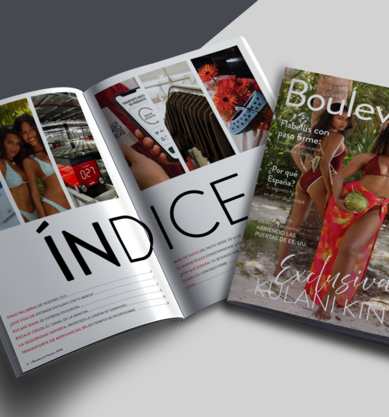 A Spanish-language fashion magazine titled "Boulevard" featuring women in swimsuits, with an open index page showing images and article titles.