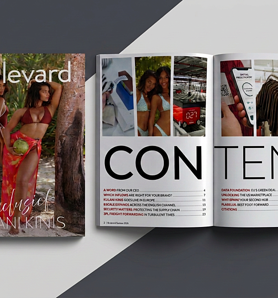 Boulevard magazine with a woman in a red swimsuit on the cover, next to an open table of contents listing articles and showing lifestyle photos.