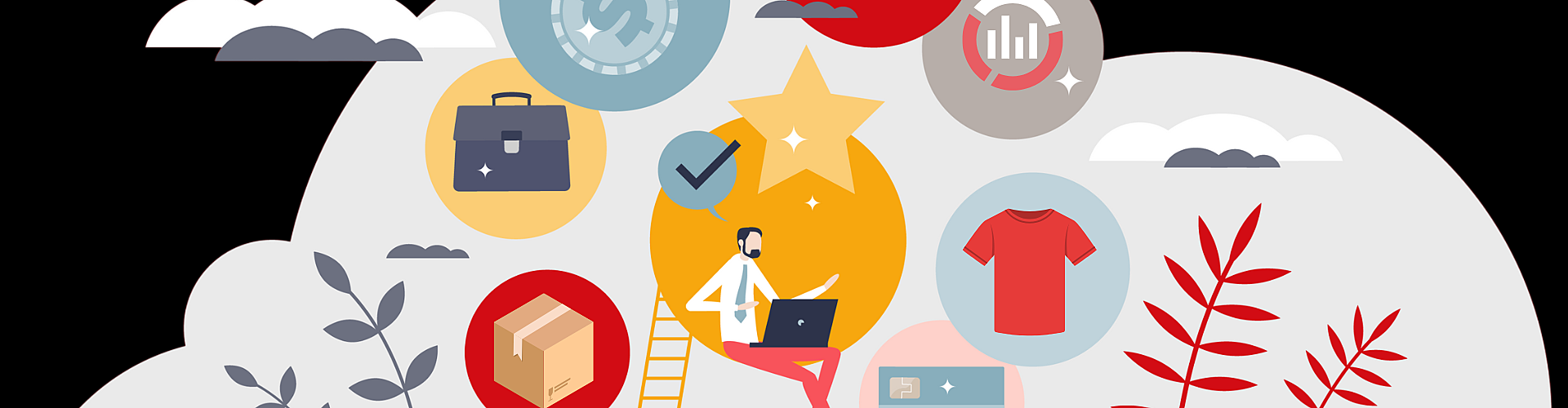 Illustration of a person on a ladder with a laptop surrounded by icons representing business, finance, shopping, and analytics.