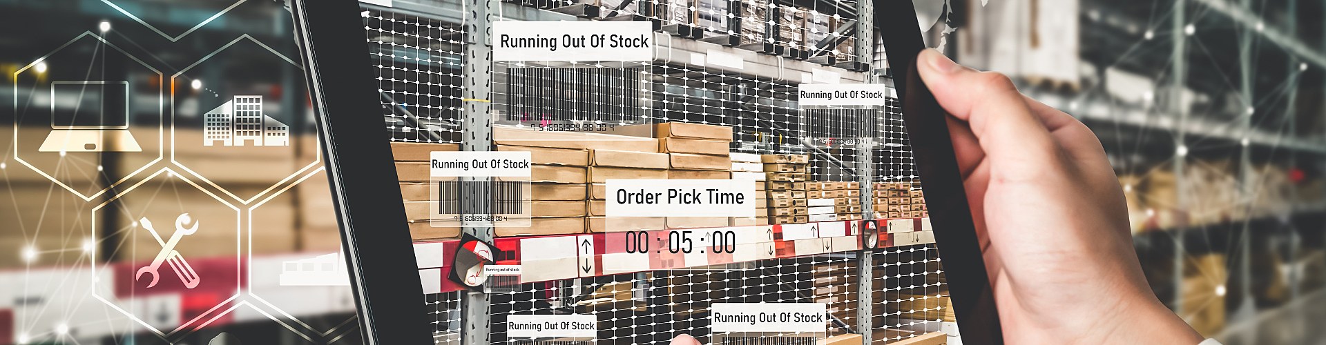 A person holds a tablet displaying inventory data in a warehouse, showing items running out of stock and order pick times, with shelves of boxes in the background.