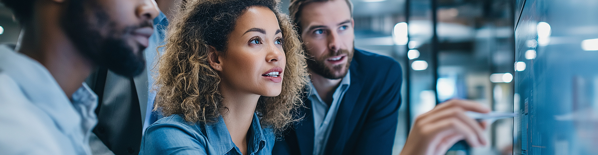 Four people in business attire look intently at a large screen, with one woman pointing at the display in a modern office setting.