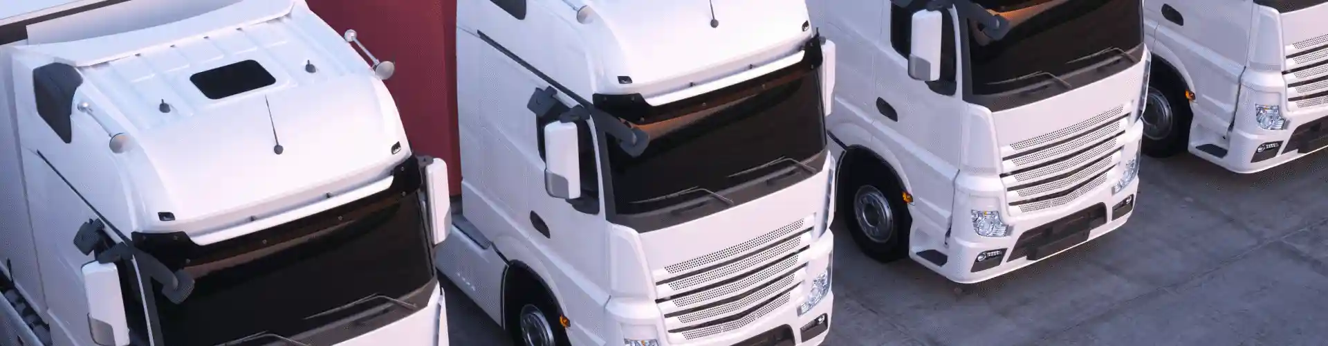 A lineup of white and red semi trucks.