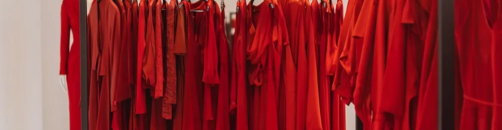 Clothing rack filled with various styles of red dresses and garments in a well-lit, modern retail store.
