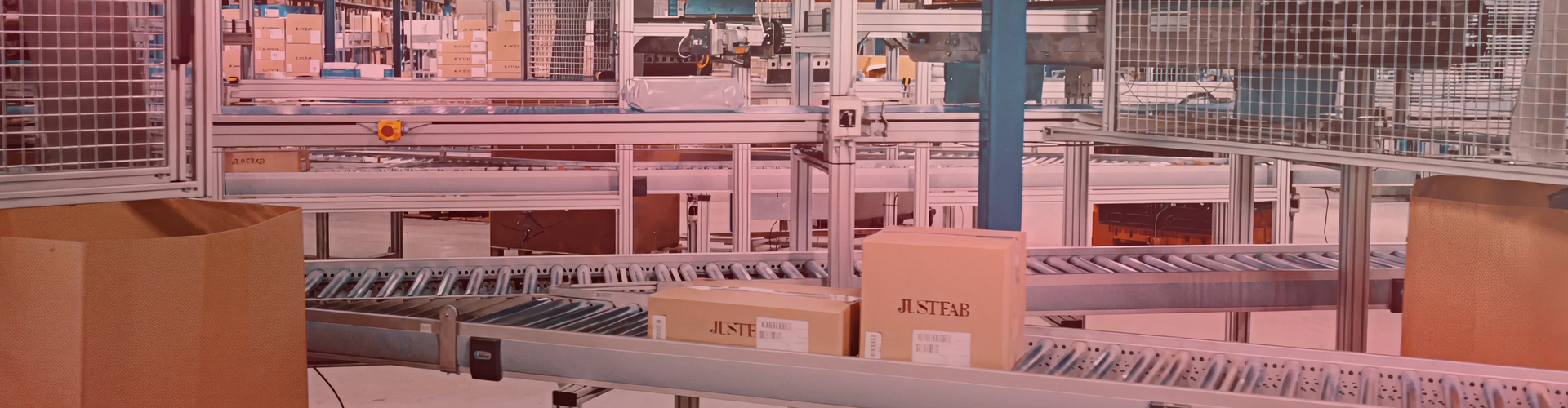 Cardboard boxes move along a conveyor belt in a warehouse.