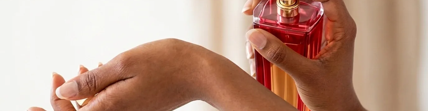 A person sprays perfume from a red bottle onto their wrist.