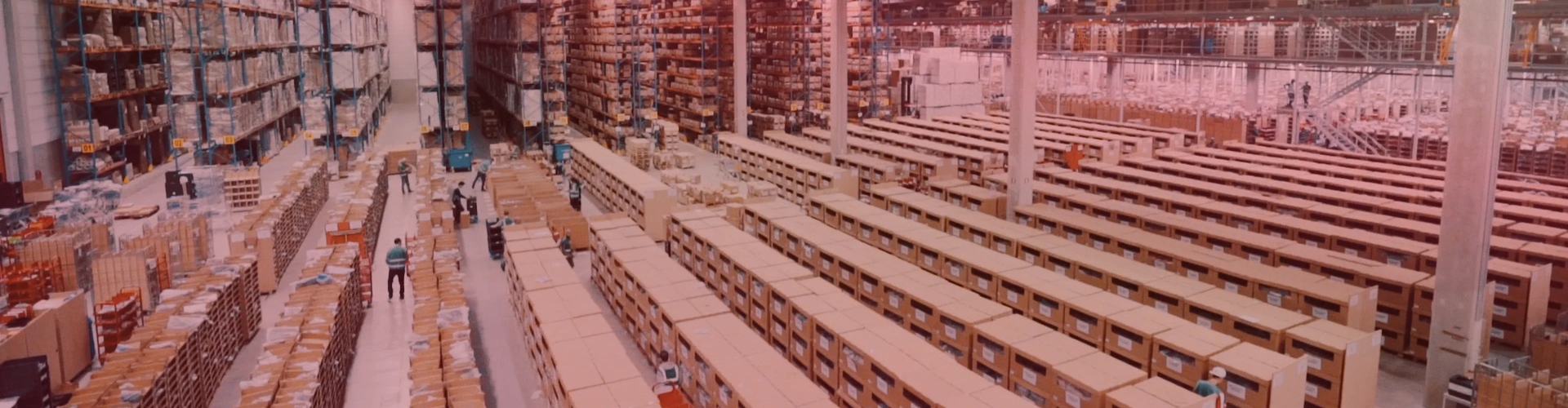 Wide shot of a large warehouse interior with rows of shelves stacked with boxes and workers moving goods.
