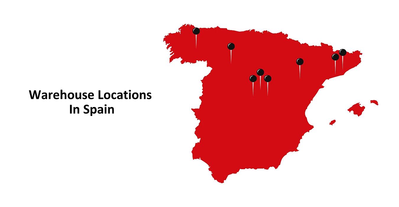 Map of Spain with black pins indicating warehouse locations, alongside the text "Warehouse Locations in Spain" on the left side.