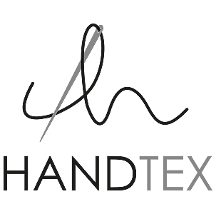 A logo featuring the word "HANDTEX" with "HAND" in black and "TEX" in gray, a needle and thread graphic forms a stylized "h" above the text.