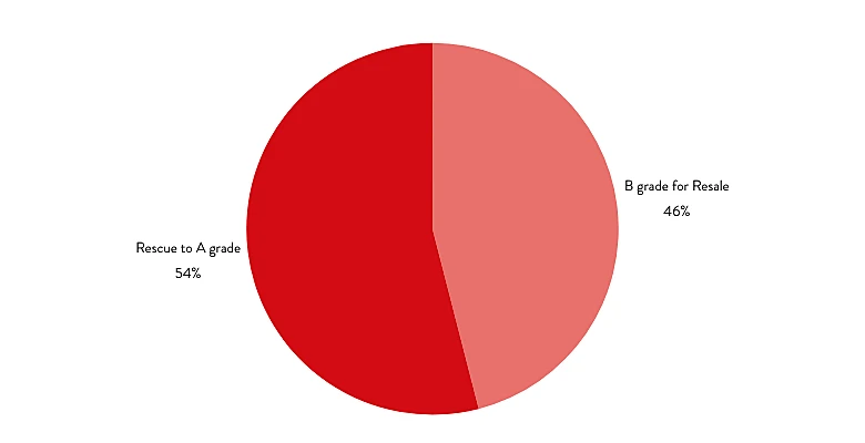 A pie chart showing 54% labeled "Rescue to A grade" and 46% labeled "B grade for Resale.