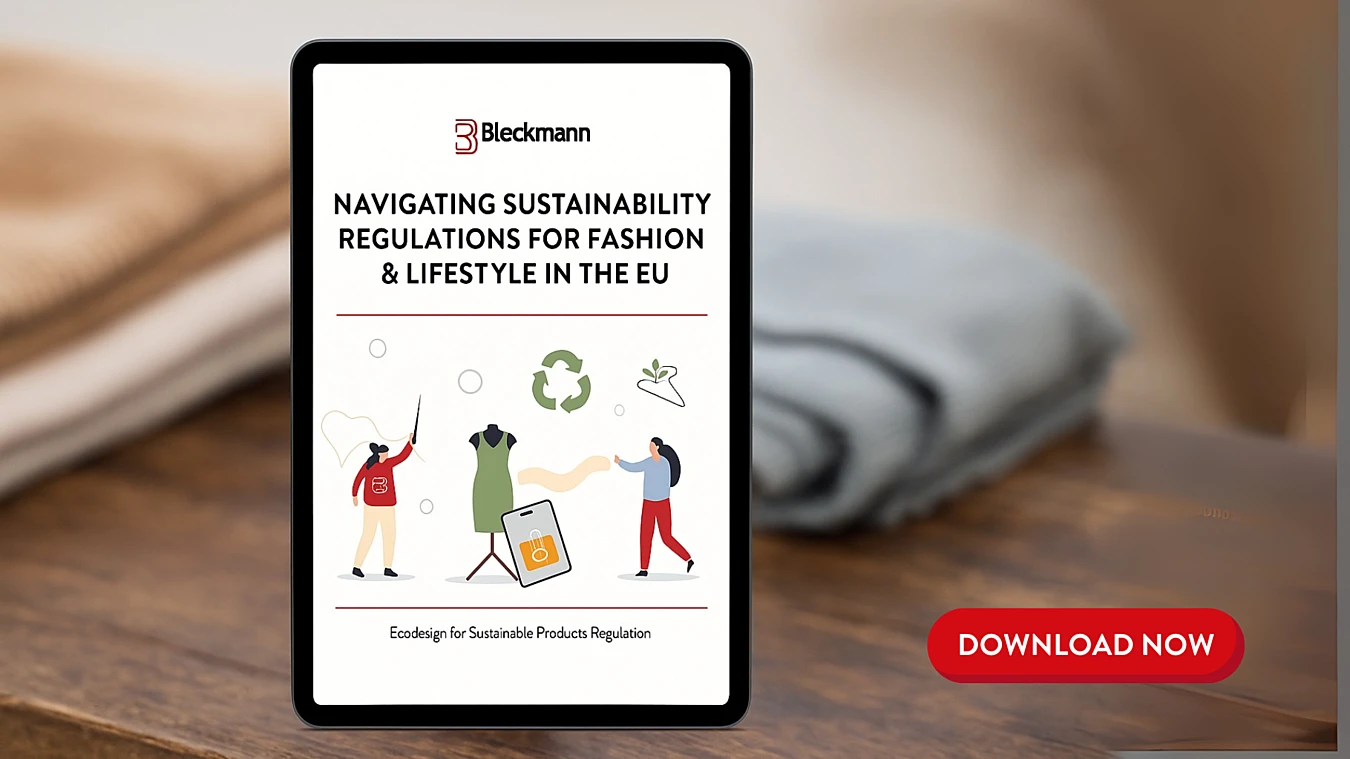 Tablet displaying a guide titled "Navigating Sustainability Regulations for Fashion & Lifestyle in the EU" with illustrations of people and clothing. A red "Download Now" button is shown.