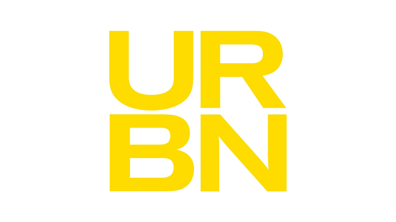 Bold yellow letters "URBN" in a stacked arrangement on a white background.