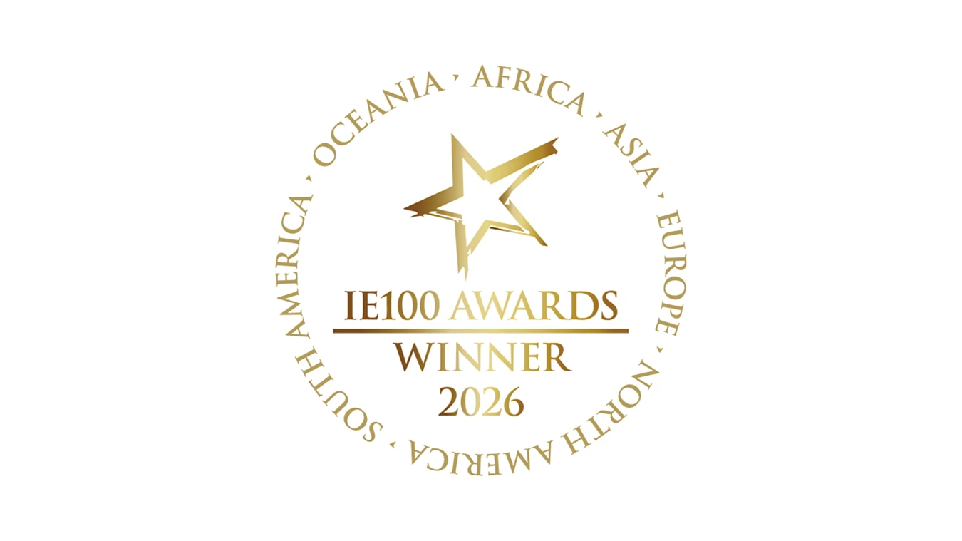 Gold IE100 Awards Winner 2026 logo with a star in the center, surrounded by the names of continents in a circular layout.